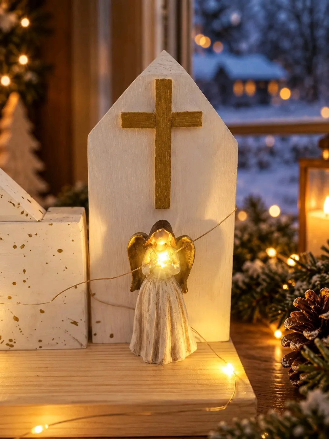 Dřevěná vesnička s Andělkou a LED světýlky 2